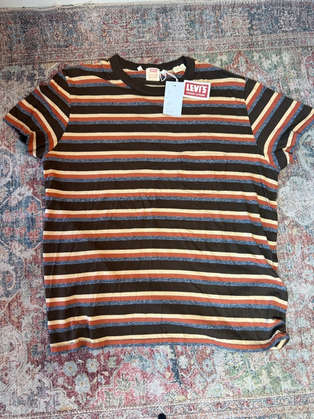 Levi's Men's Brown, Orange & Blue Striped Crewneck Tee